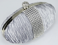 Silver Ruched Satin Clutch With Crystal Trim